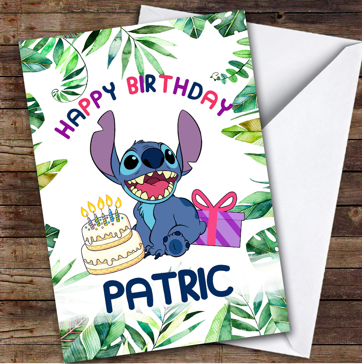 Lilo & Stitch Happy Jungle Leaves Kids Personalized Children's Birthday Card - Red Heart Print
